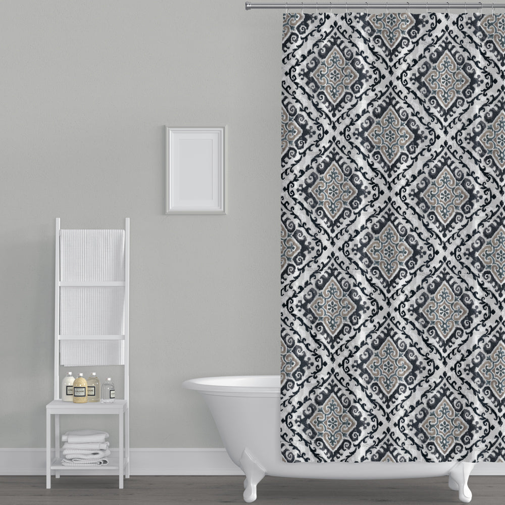 Stall (Narrow) Shower Curtain in Feabhra Slate Gray Diamond Medallion - Blue, Tan, Large Scale