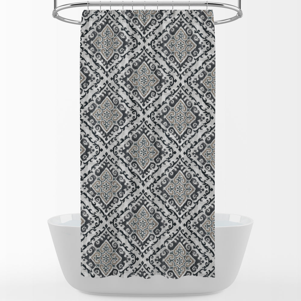 Stall (Narrow) Shower Curtain in Feabhra Slate Gray Diamond Medallion - Blue, Tan, Large Scale