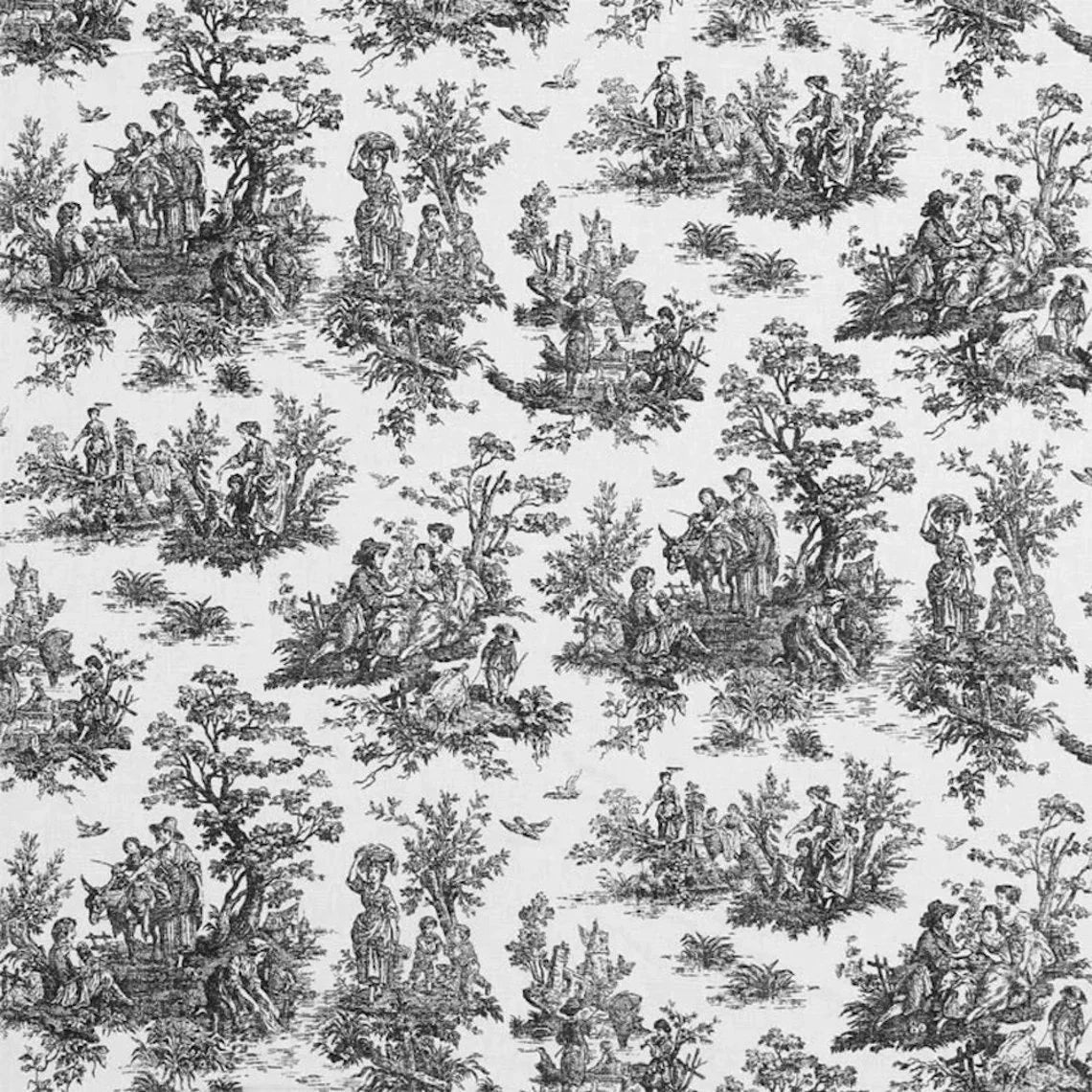 Back Tab Curtain Panels Pair in Jamestown Black Colonial Country Toile