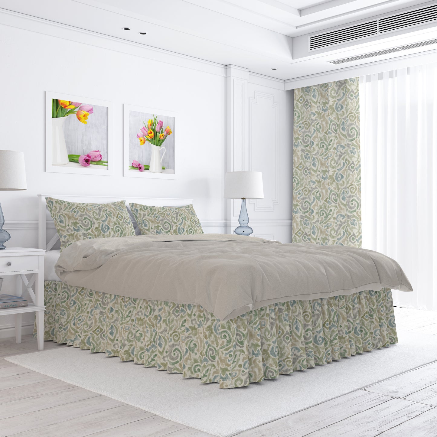 Gathered Bedskirt in Jester Bay Green Paisley Watercolor