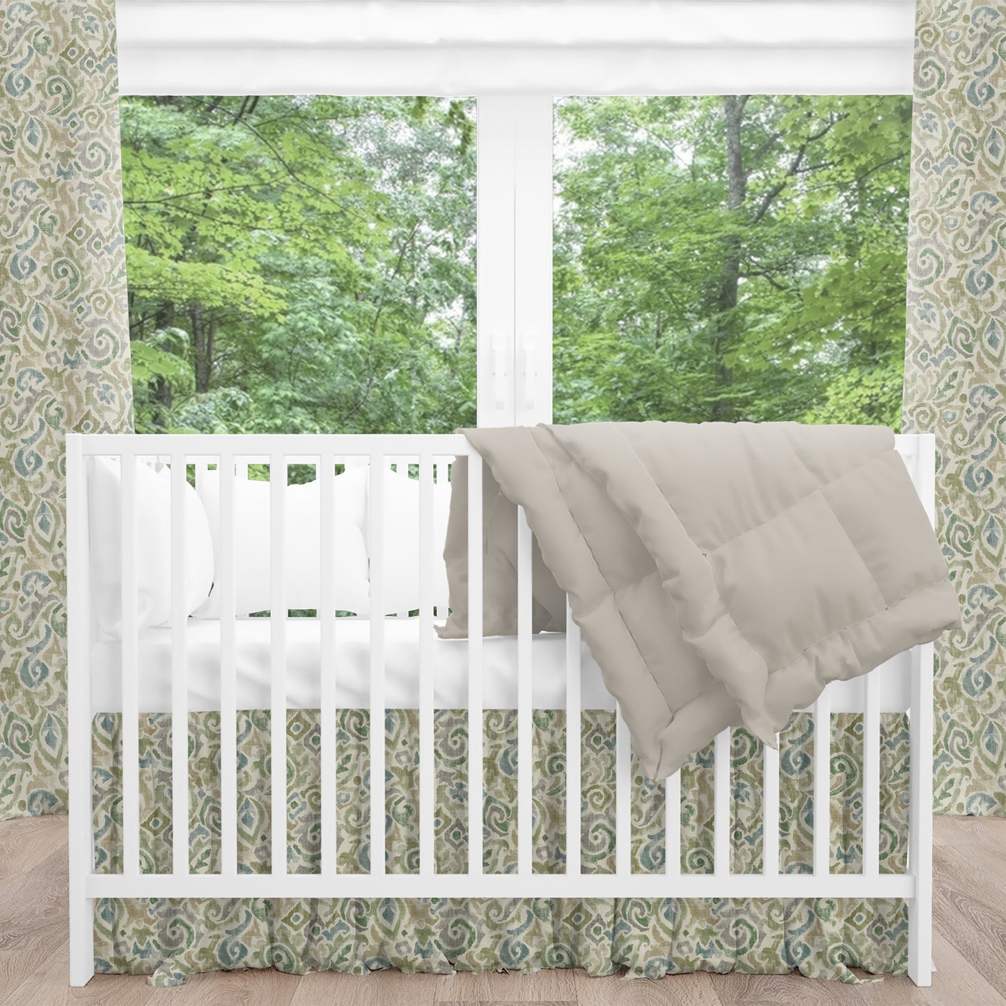 Gathered Crib Skirt in Jester Bay Green Paisley Watercolor