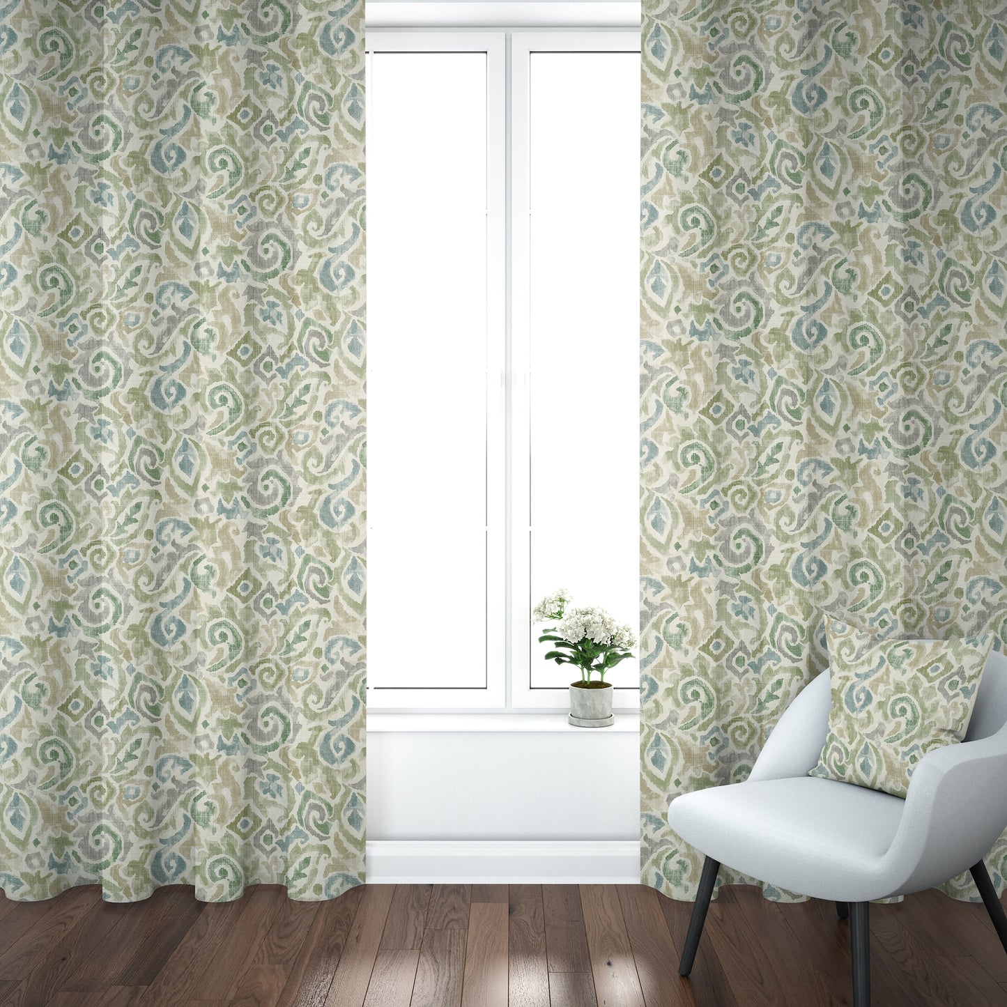 Rod Pocket Curtain Panels Pair in Jester Bay Green Paisley Watercolor