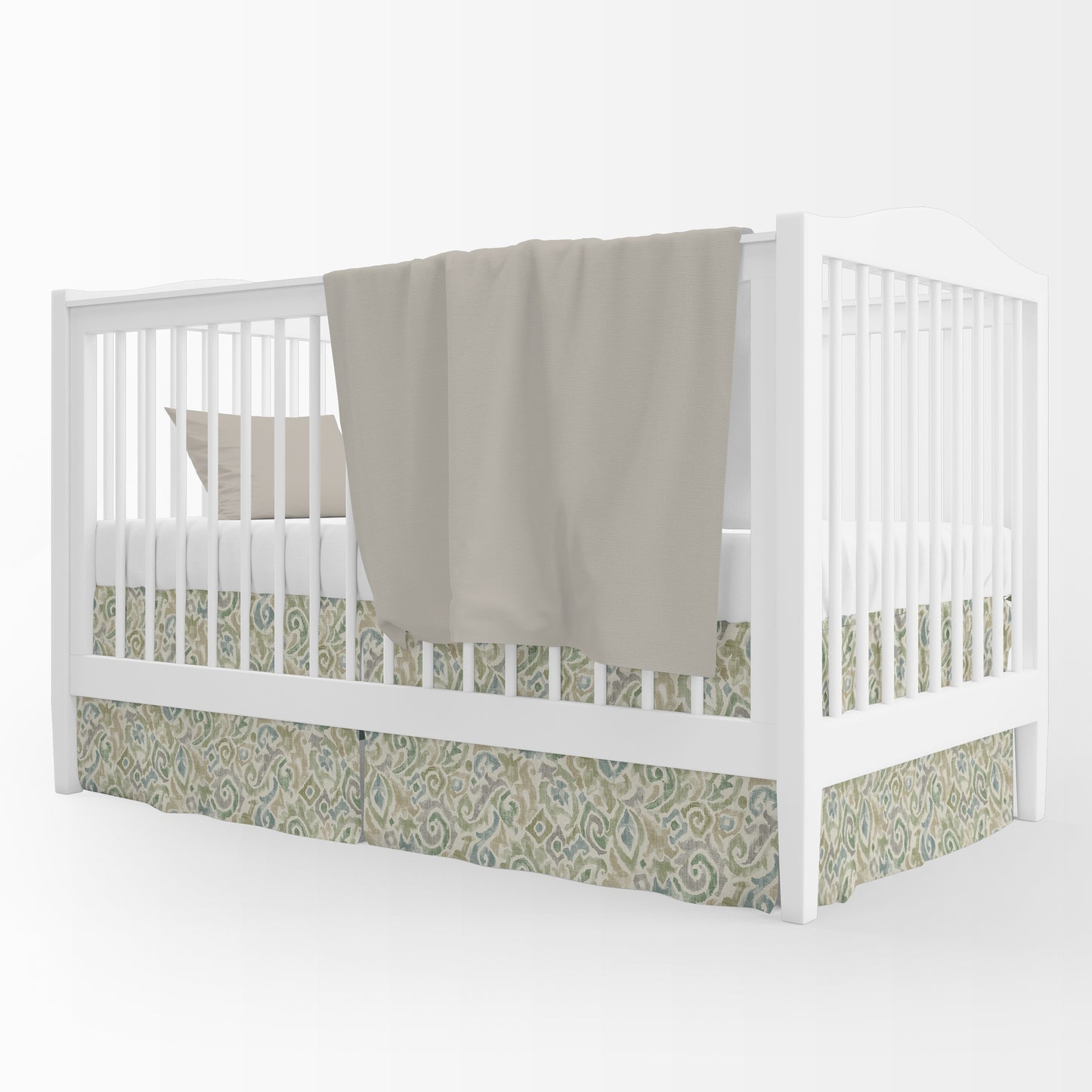 Tailored Crib Skirt in Jester Bay Green Paisley Watercolor
