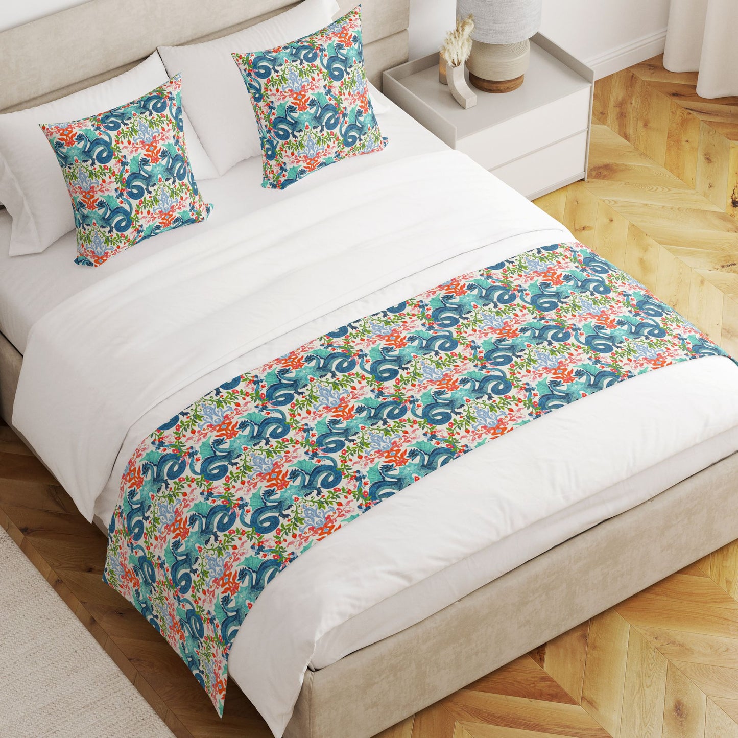 Bed Scarf in Kismet Cloud Kissing Dragon Oriental Toile, Multicolor Chinoiserie