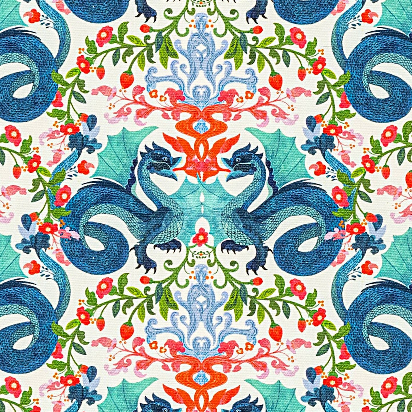 Bed Scarf in Kismet Cloud Kissing Dragon Oriental Toile, Multicolor Chinoiserie