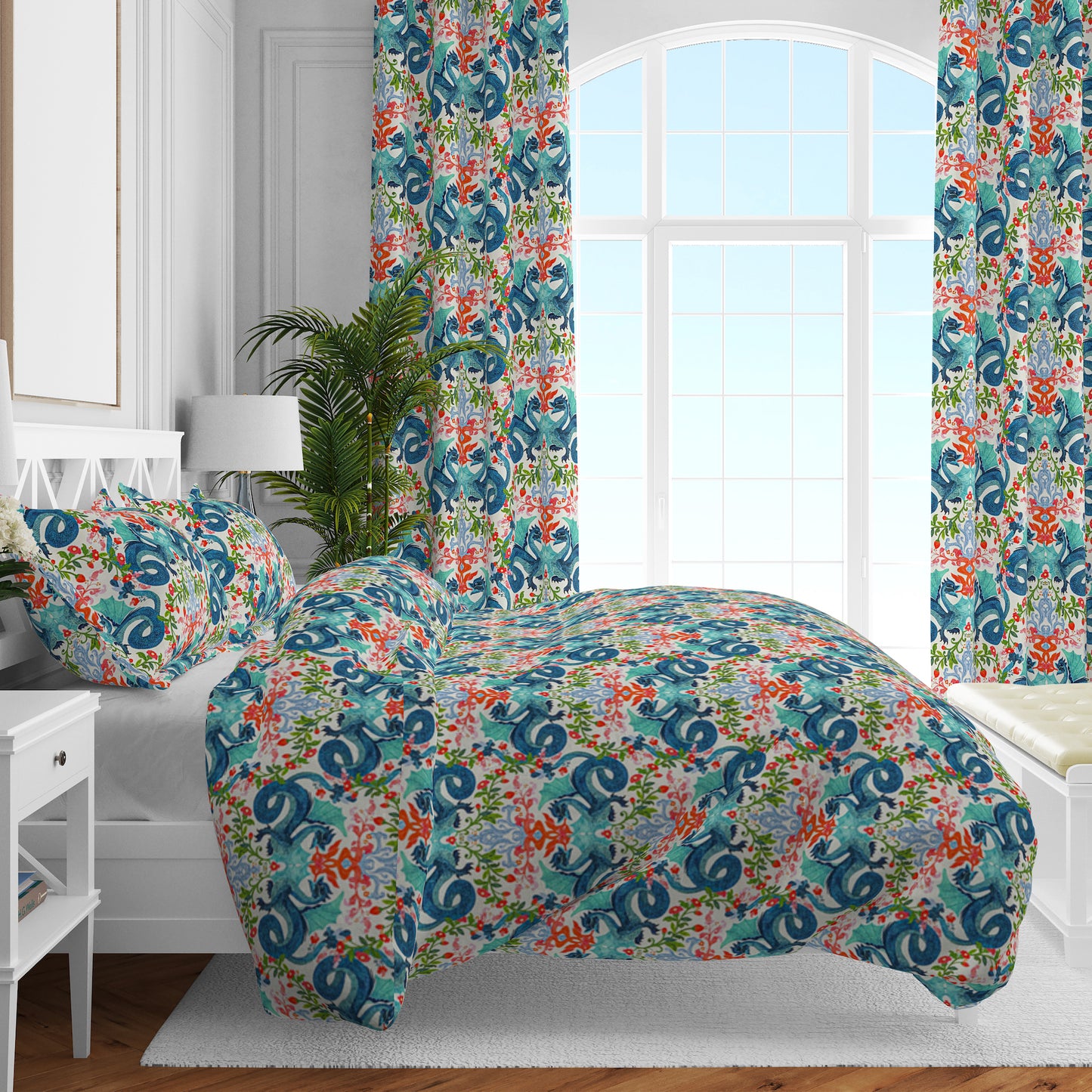 Duvet Cover in Kismet Cloud Kissing Dragon Oriental Toile, Multicolor Chinoiserie