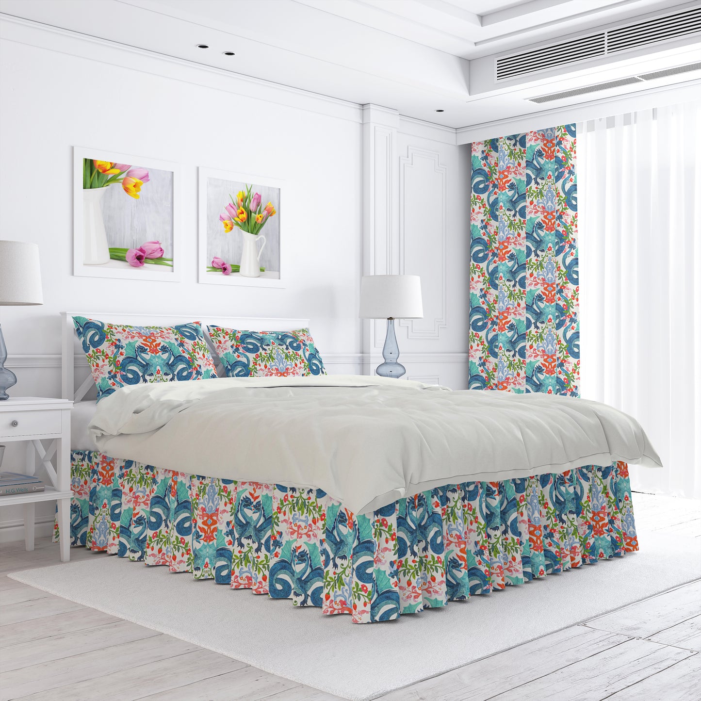 Gathered Bedskirt in Kismet Cloud Kissing Dragon Oriental Toile, Multicolor Chinoiserie