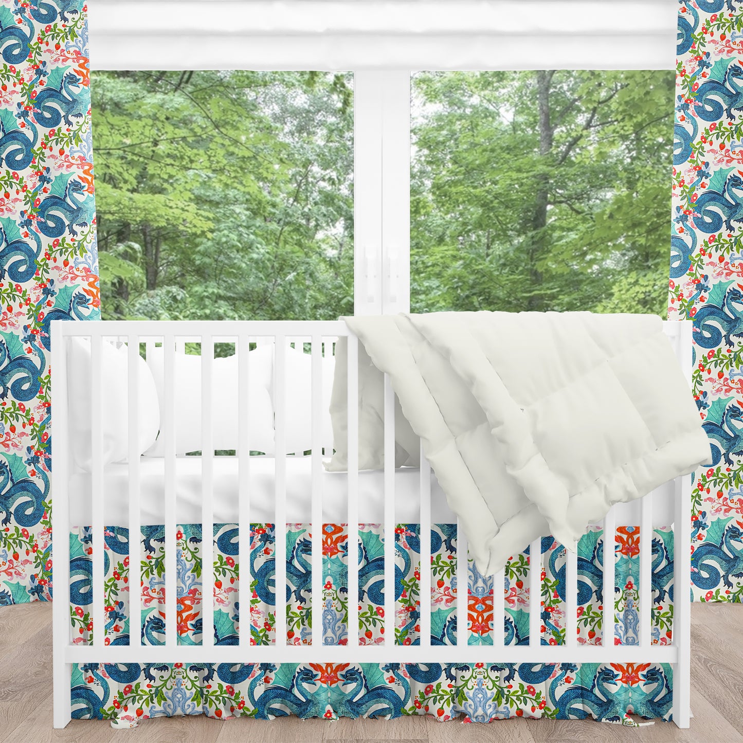 Gathered Crib Skirt in Kismet Cloud Kissing Dragon Oriental Toile, Multicolor Chinoiserie