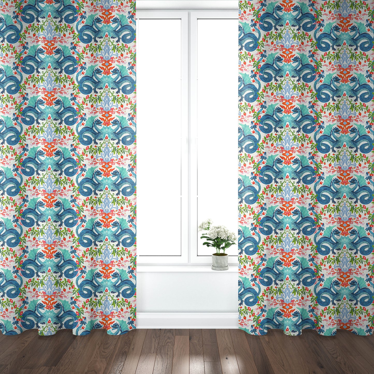 Pinch Pleated Curtain Panels Pair in Kismet Cloud Kissing Dragon Oriental Toile, Multicolor Chinoiserie