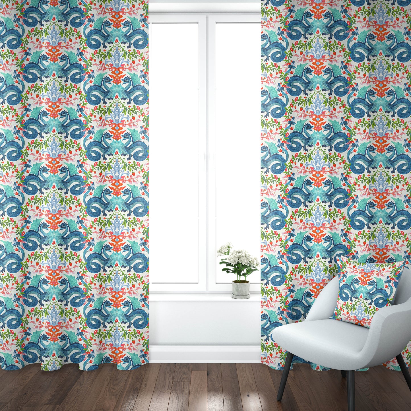 Rod Pocket Curtain Panels Pair in Kismet Cloud Kissing Dragon Oriental Toile, Multicolor Chinoiserie