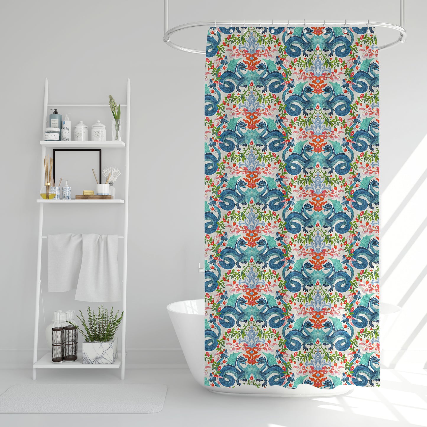 Shower Curtain in Kismet Cloud Kissing Dragon Oriental Toile, Multicolor Chinoiserie