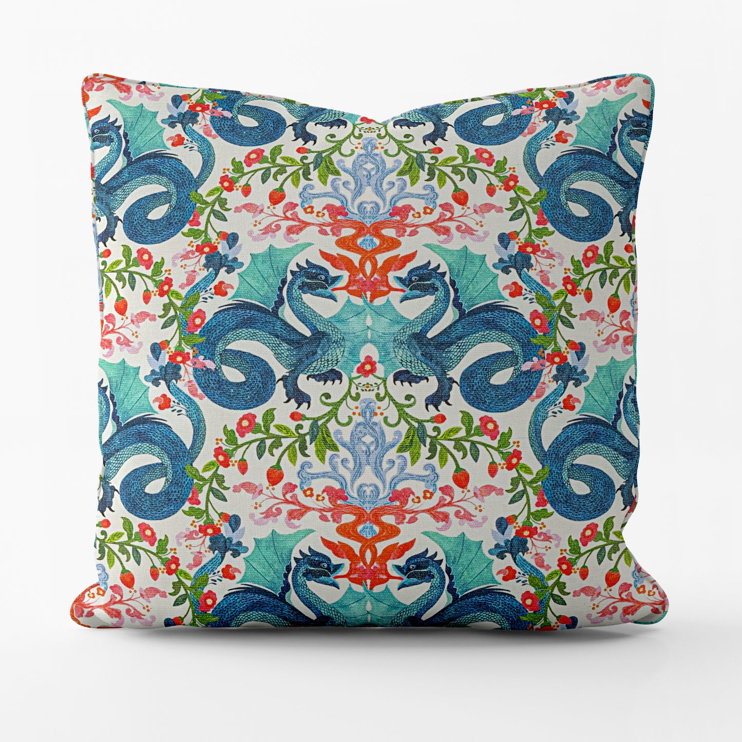 Decorative Pillows in Kismet Cloud Kissing Dragon Oriental Toile, Multicolor Chinoiserie