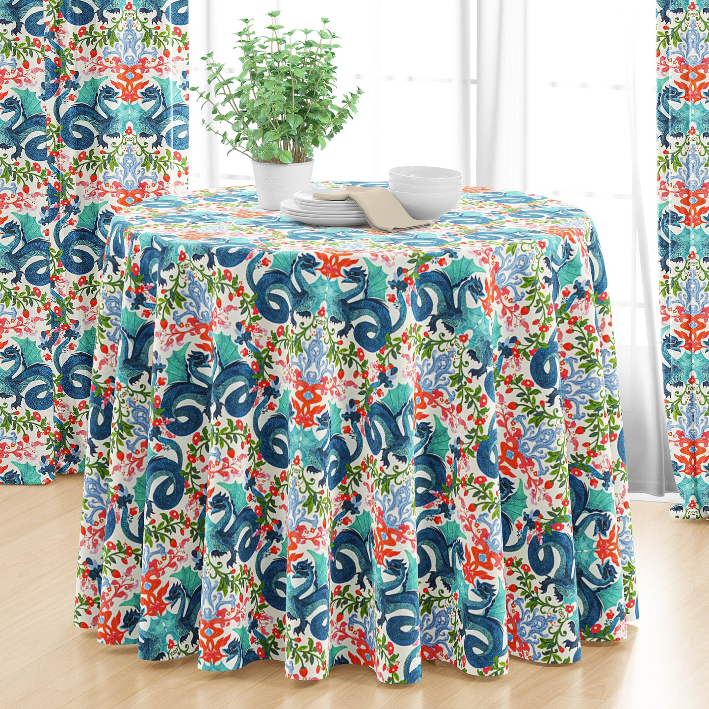 Round Tablecloth in Kismet Cloud Kissing Dragon Oriental Toile, Multicolor Chinoiserie