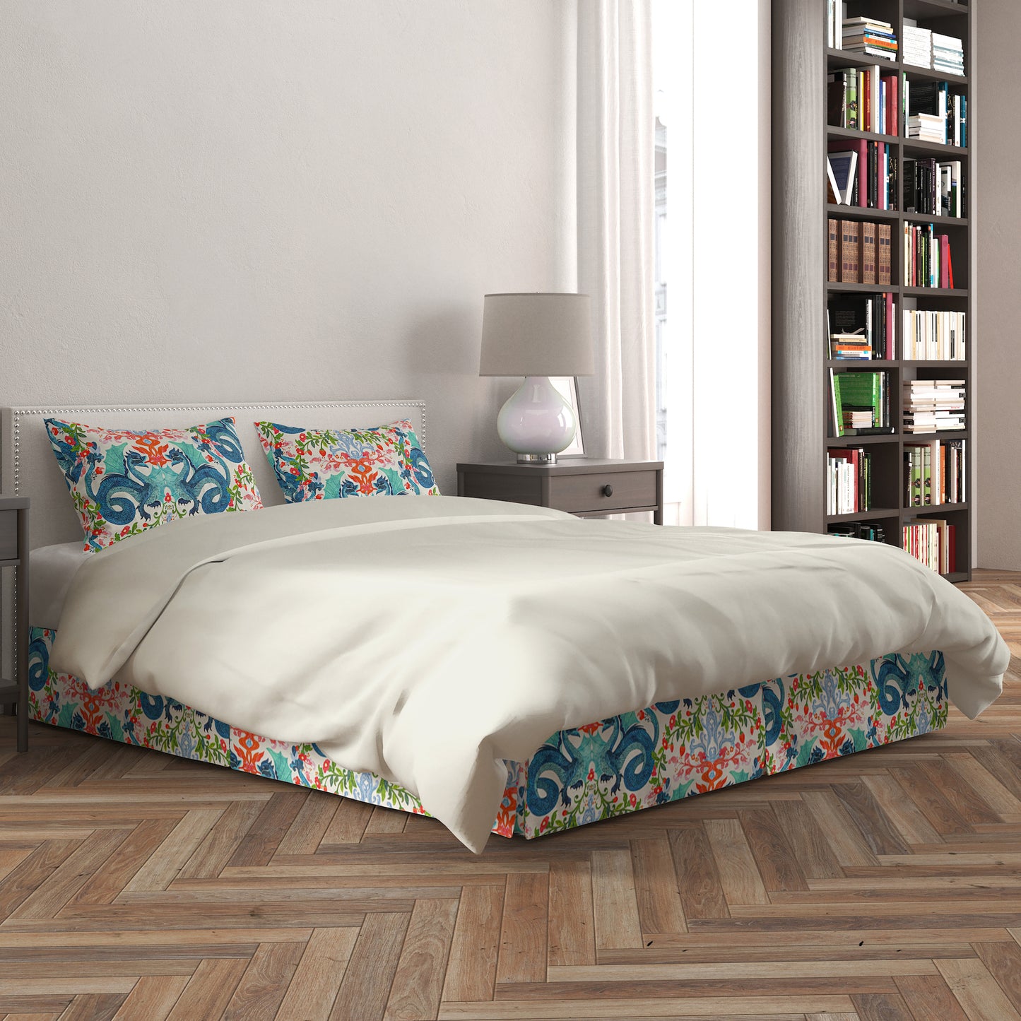 Tailored Bedskirt in Kismet Cloud Kissing Dragon Oriental Toile, Multicolor Chinoiserie
