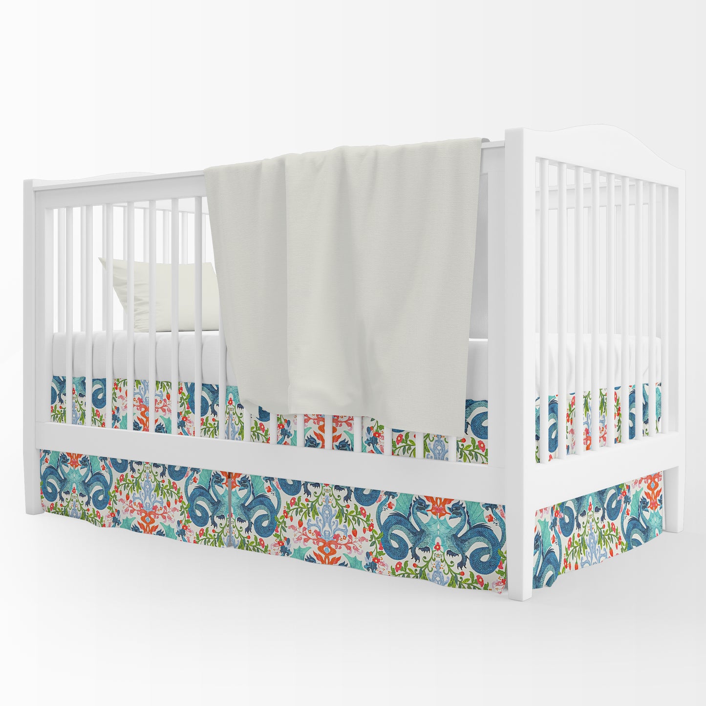 Tailored Crib Skirt in Kismet Cloud Kissing Dragon Oriental Toile, Multicolor Chinoiserie