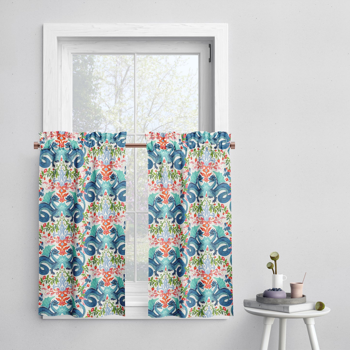 Tailored Tier Cafe Curtain Panels Pair in Kismet Cloud Kissing Dragon Oriental Toile, Multicolor Chinoiserie