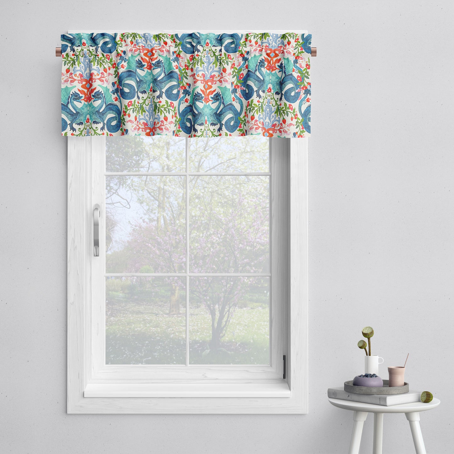 Tailored Valance in Kismet Cloud Kissing Dragon Oriental Toile, Multicolor Chinoiserie