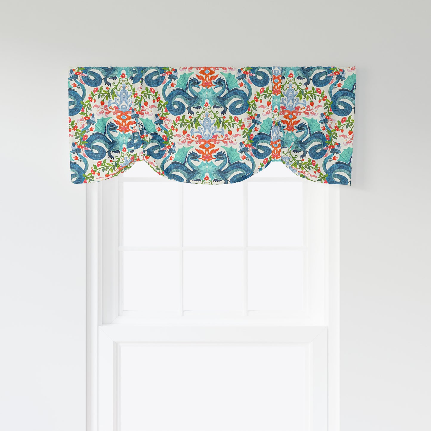 Tie-up Valance in Kismet Cloud Kissing Dragon Oriental Toile, Multicolor Chinoiserie