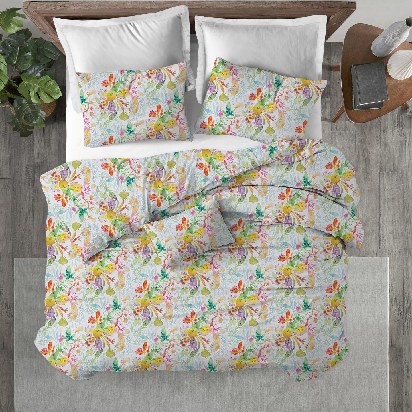 Duvet Cover in Kowtow Multi-Color Bright Abstract Watercolor- Blue, Green, Yellow, Pink