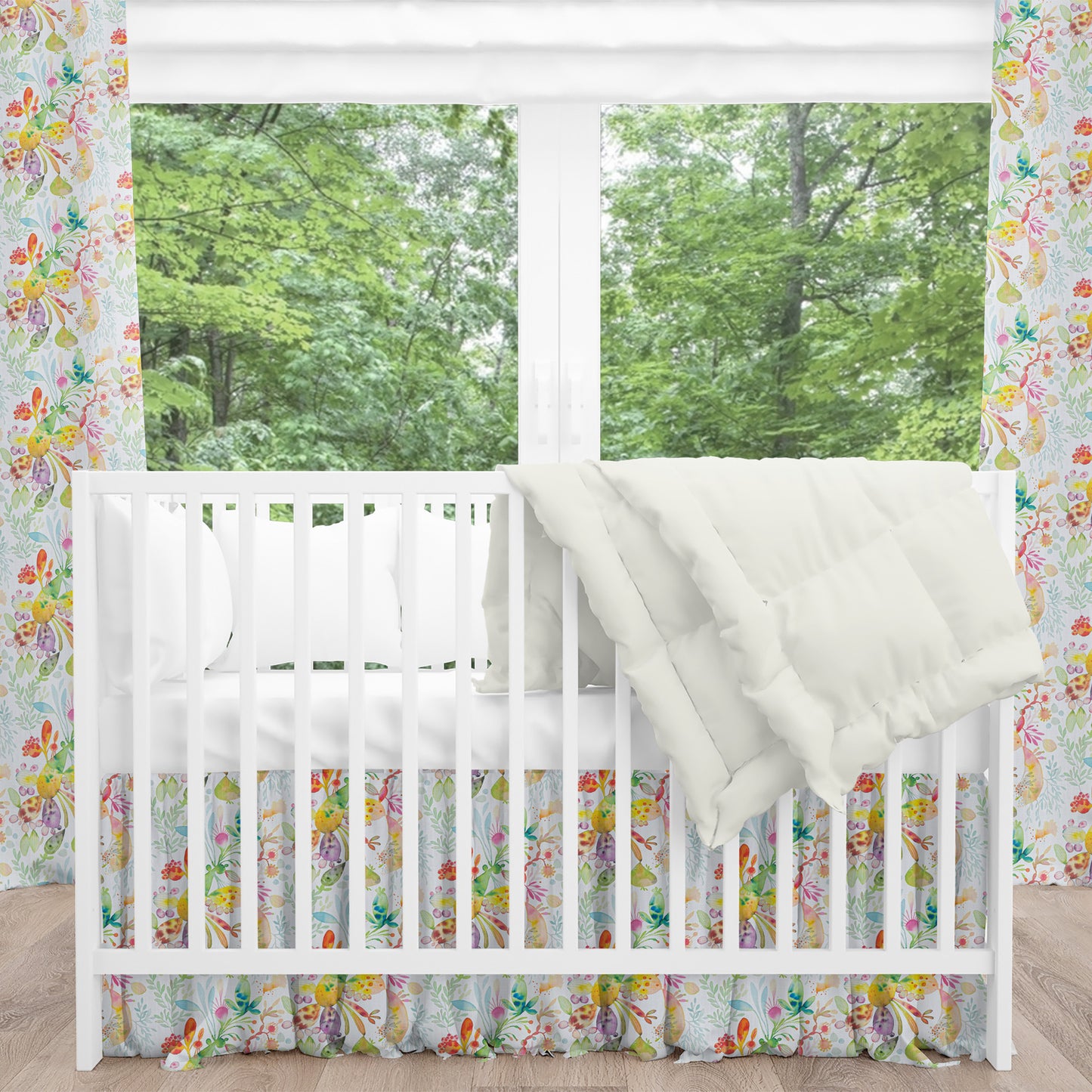 Gathered Crib Skirt in Kowtow Multi-Color Bright Abstract Watercolor- Blue, Green, Yellow, Pink
