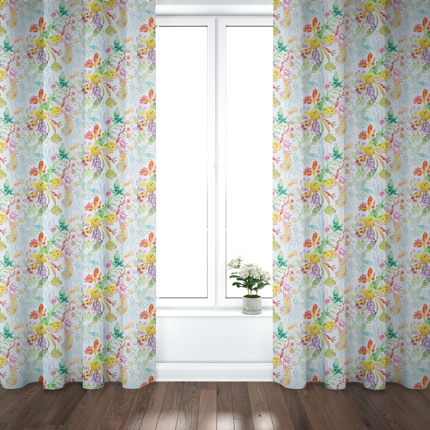 Pinch Pleated Curtain Panels Pair in Kowtow Multi-Color Bright Abstract Watercolor- Blue, Green, Yellow, Pink