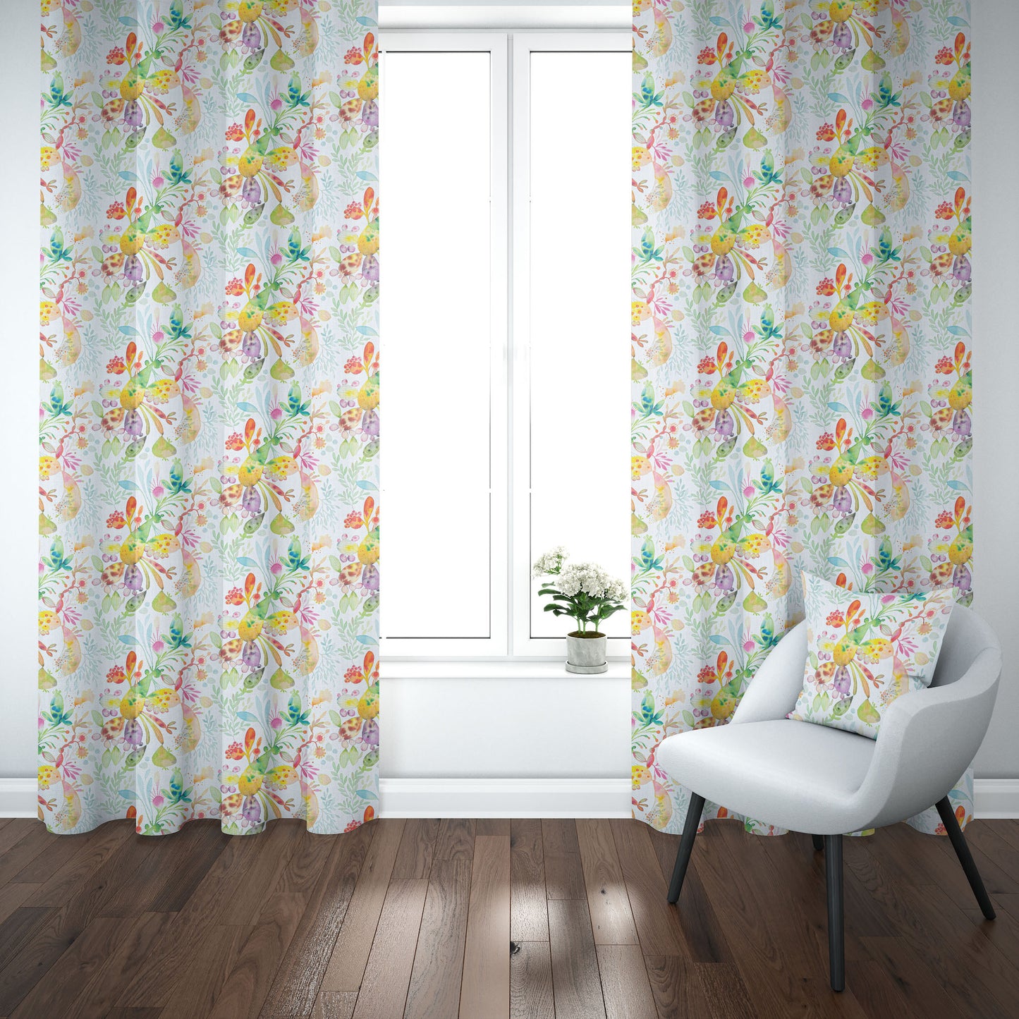 Rod Pocket Curtain Panels Pair in Kowtow Multi-Color Bright Abstract Watercolor- Blue, Green, Yellow, Pink
