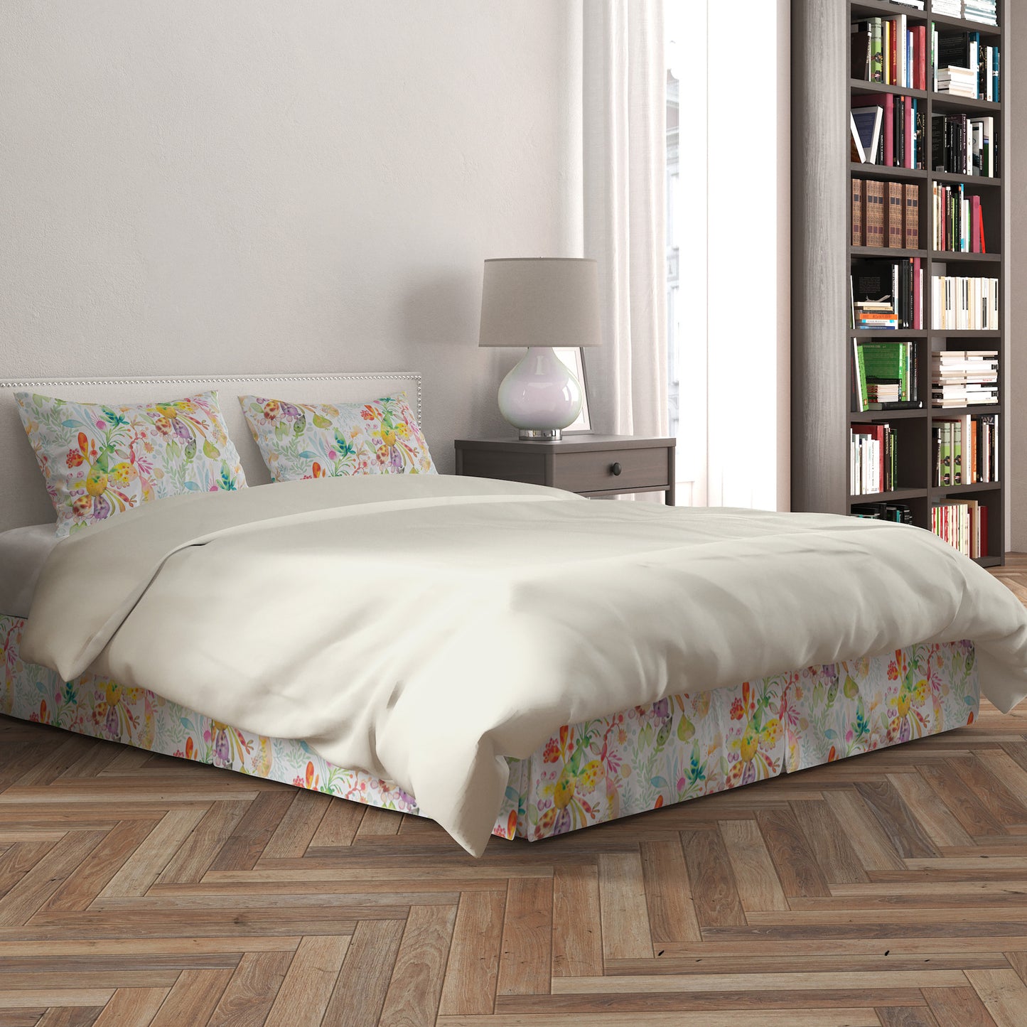Tailored Bedskirt in Kowtow Multi-Color Bright Abstract Watercolor- Blue, Green, Yellow, Pink