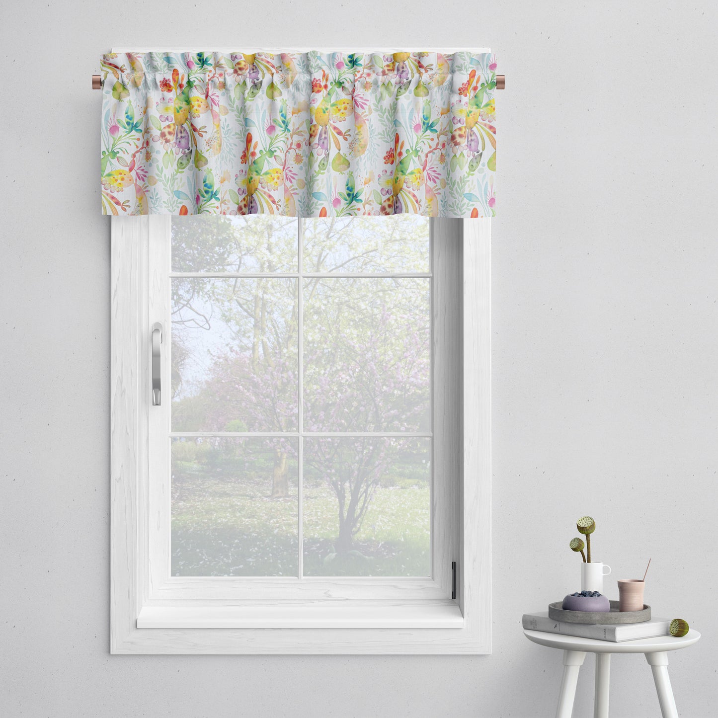 Tailored Valance in Kowtow Multi-Color Bright Abstract Watercolor- Blue, Green, Yellow, Pink