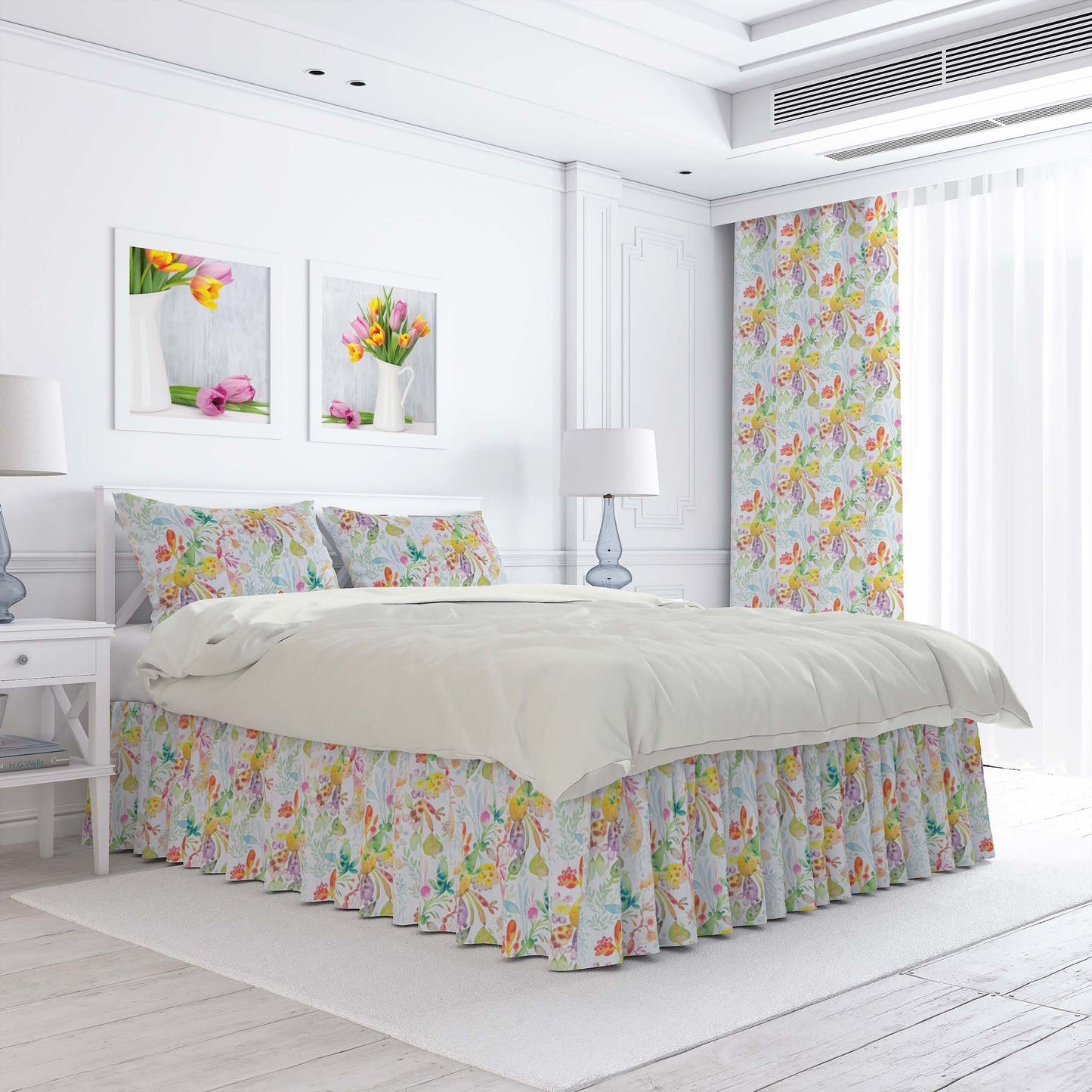 Gathered Bedskirt in Kowtow Multi-Color Bright Abstract Watercolor- Blue, Green, Yellow, Pink