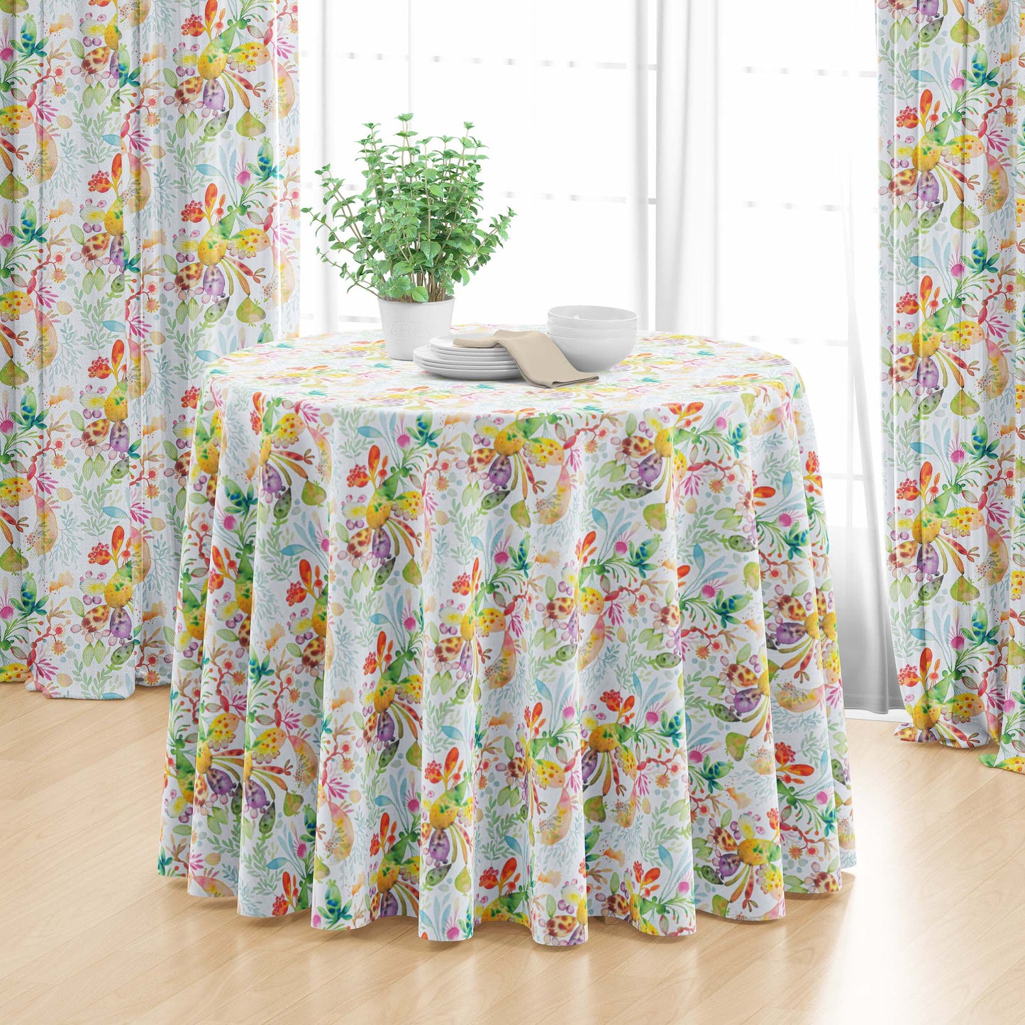 Round Tablecloth in Kowtow Multi-Color Bright Abstract Watercolor- Blue, Green, Yellow, Pink