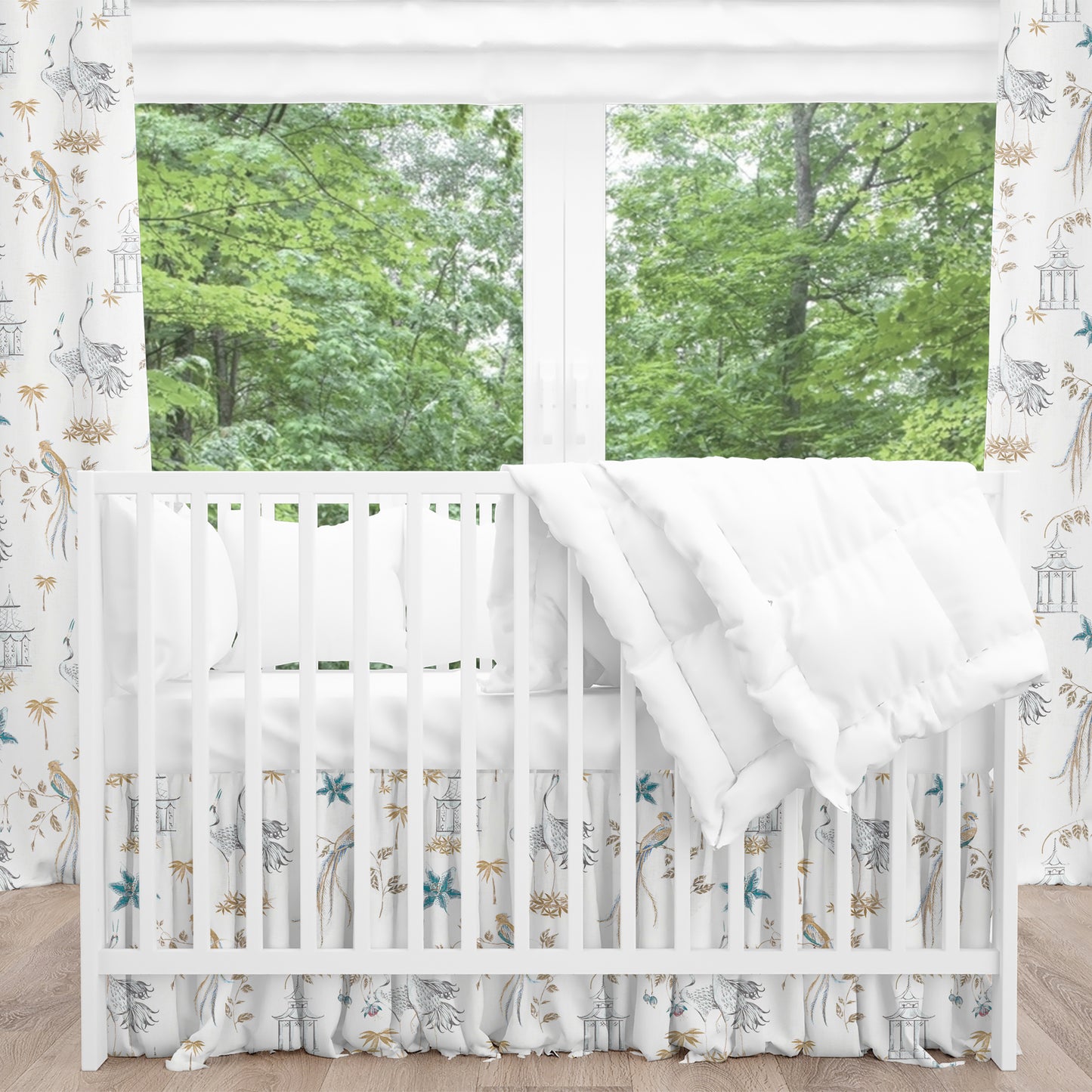 Gathered Crib Skirt in Let It Crane Aegean Blue Oriental Toile, Multicolor Chinoiserie