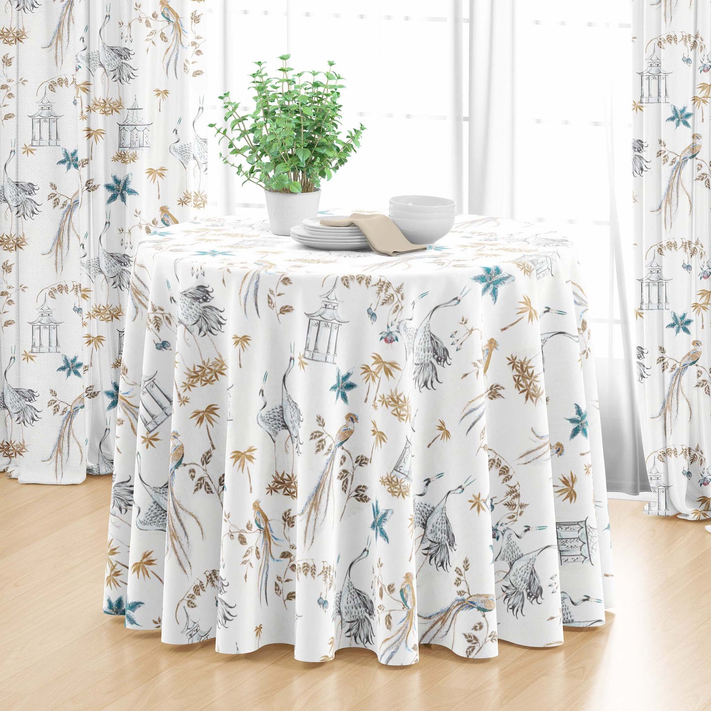Round Tablecloth in Let It Crane Aegean Blue Oriental Toile, Multicolor Chinoiserie