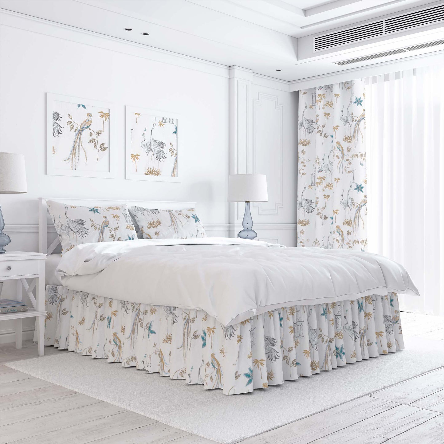 Gathered Bedskirt in Let It Crane Aegean Blue Oriental Toile, Multicolor Chinoiserie