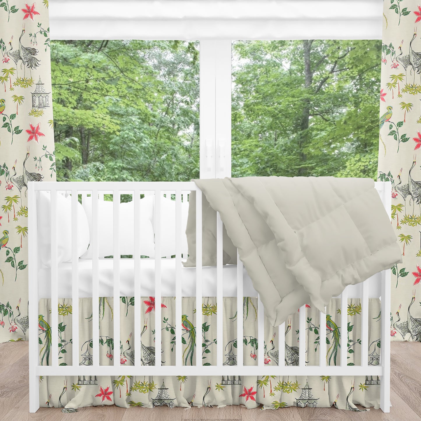 Gathered Crib Skirt in Let It Crane Avocado Oriental Toile, Multicolor Chinoiserie