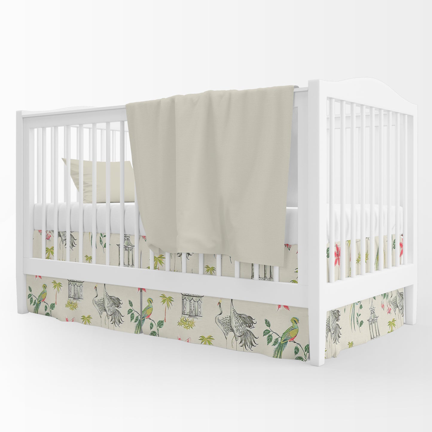 Tailored Crib Skirt in Let It Crane Avocado Oriental Toile, Multicolor Chinoiserie