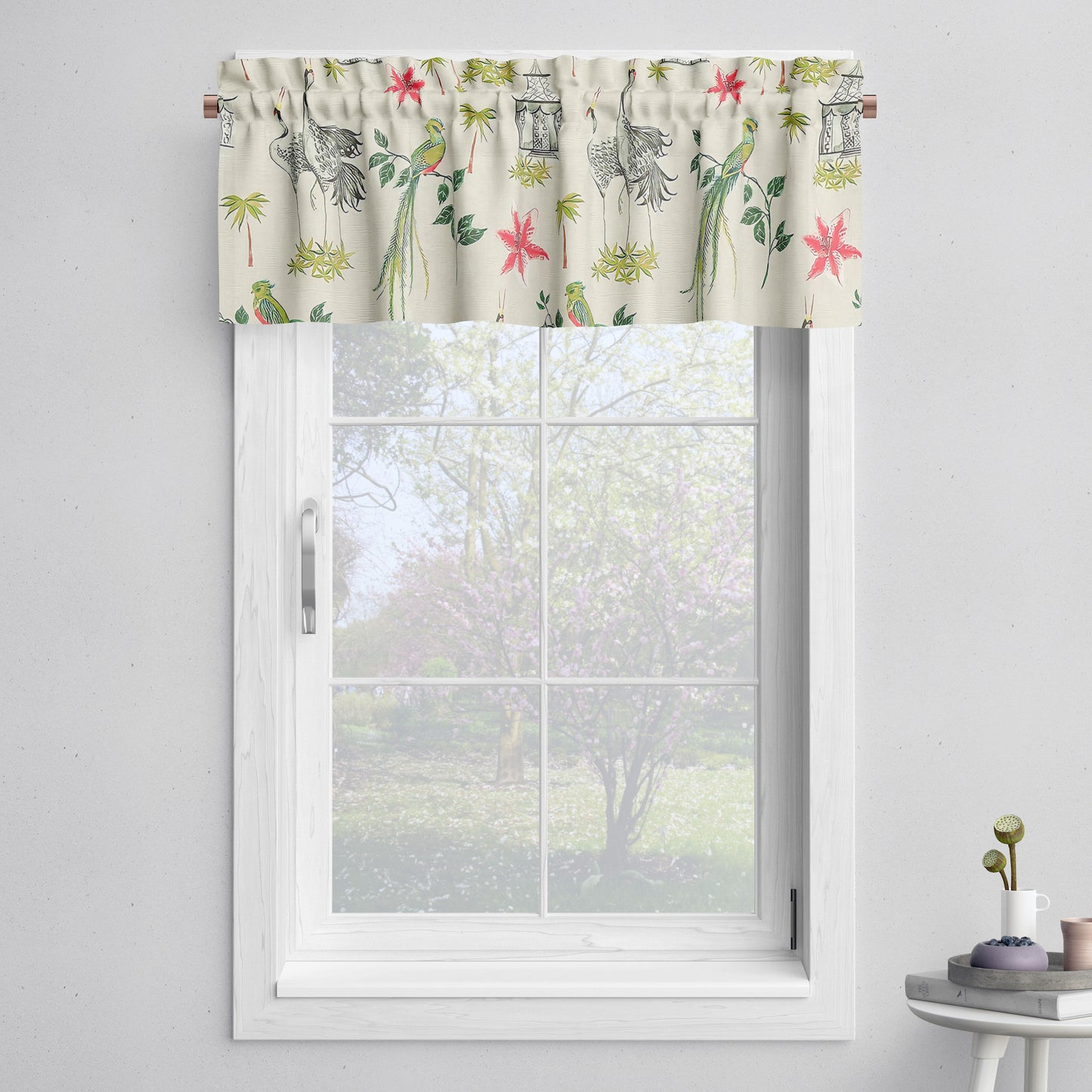 Tailored Valance in Let It Crane Avocado Oriental Toile, Multicolor Chinoiserie