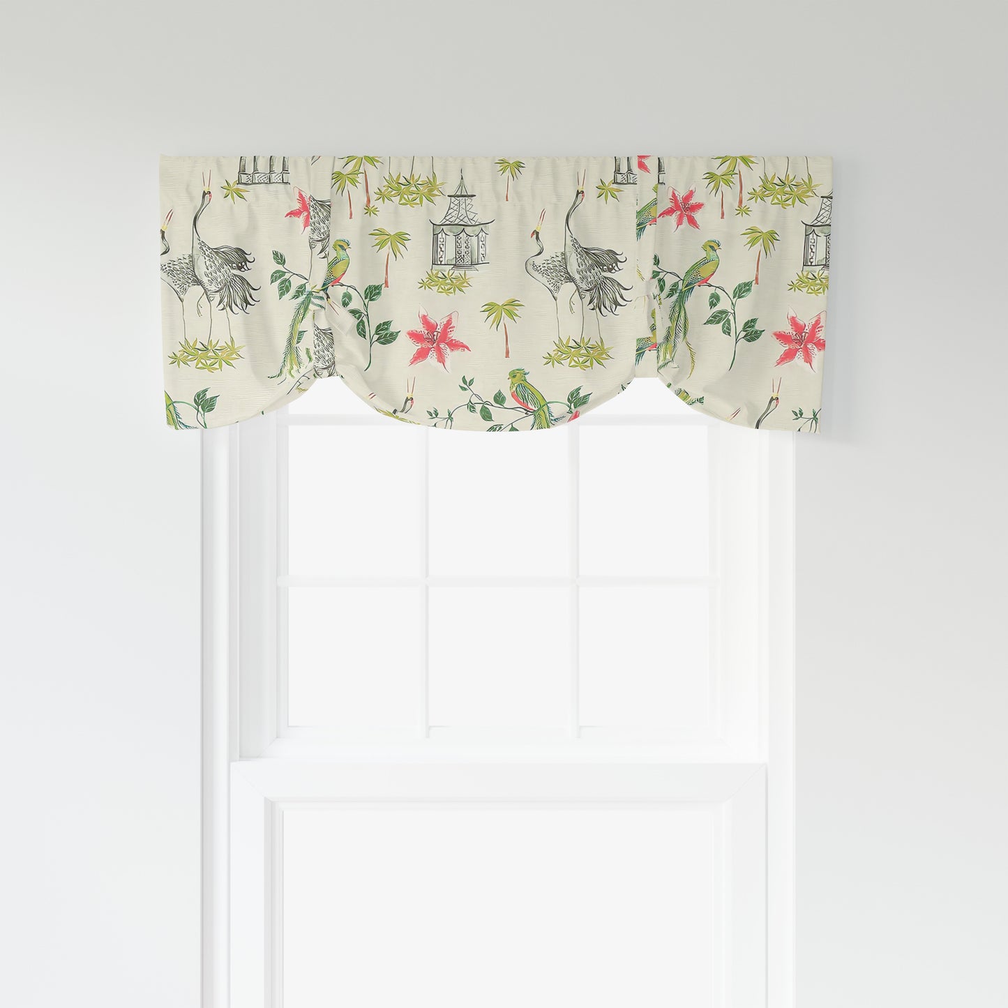 Tie-up Valance in Let It Crane Avocado Oriental Toile, Multicolor Chinoiserie