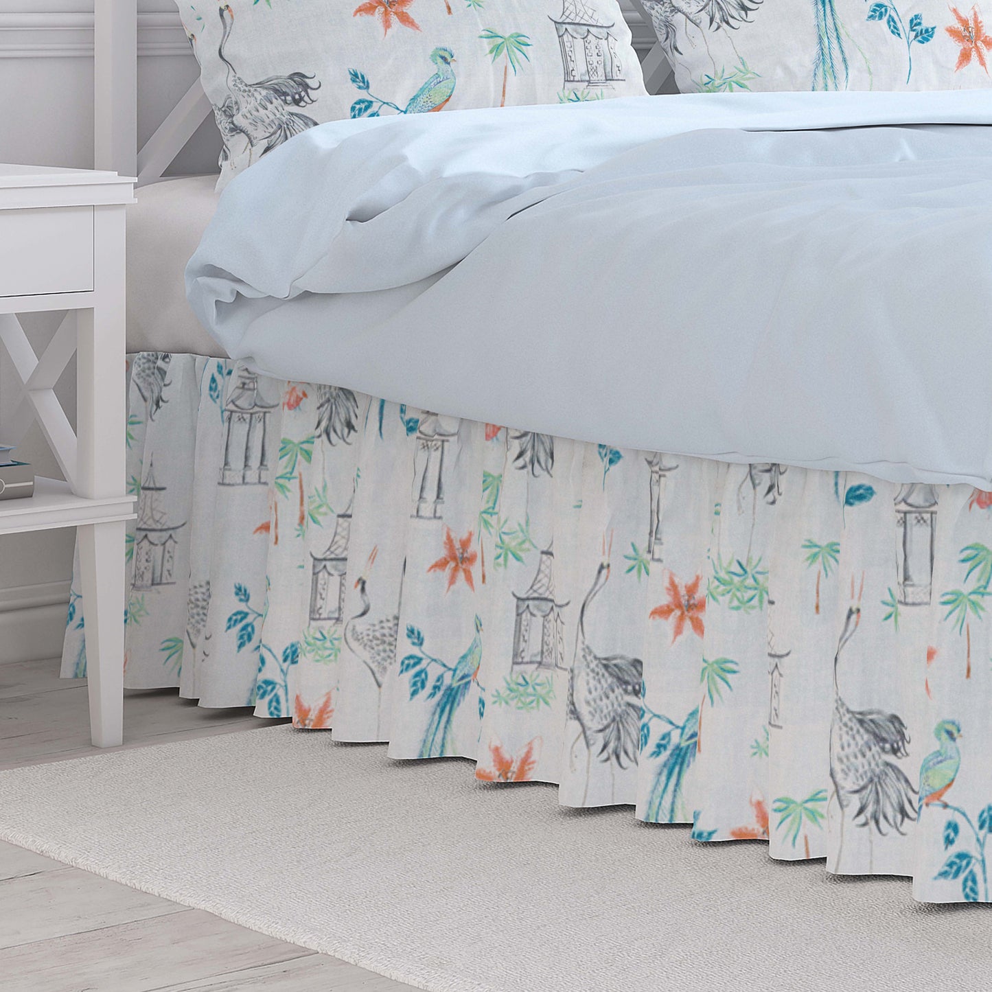 Gathered Bedskirt in Let It Crane Coral Oriental Toile, Multicolor Chinoiserie