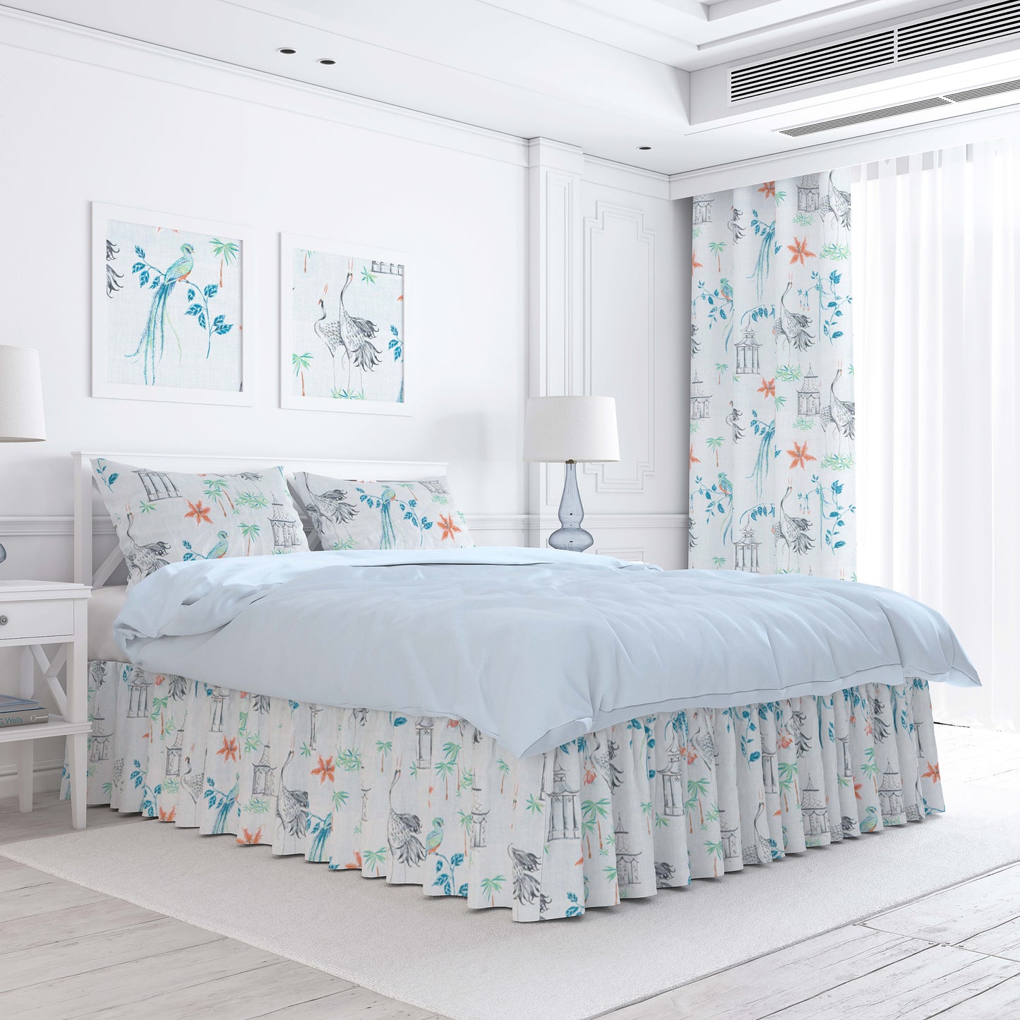 Gathered Bedskirt in Let It Crane Coral Oriental Toile, Multicolor Chinoiserie