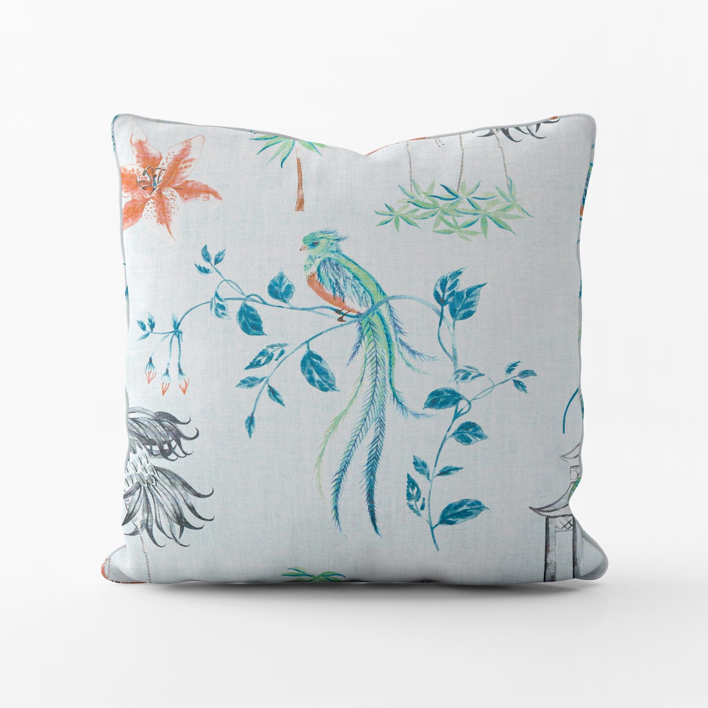 Decorative Pillows in Let It Crane Coral Oriental Toile, Multicolor Chinoiserie