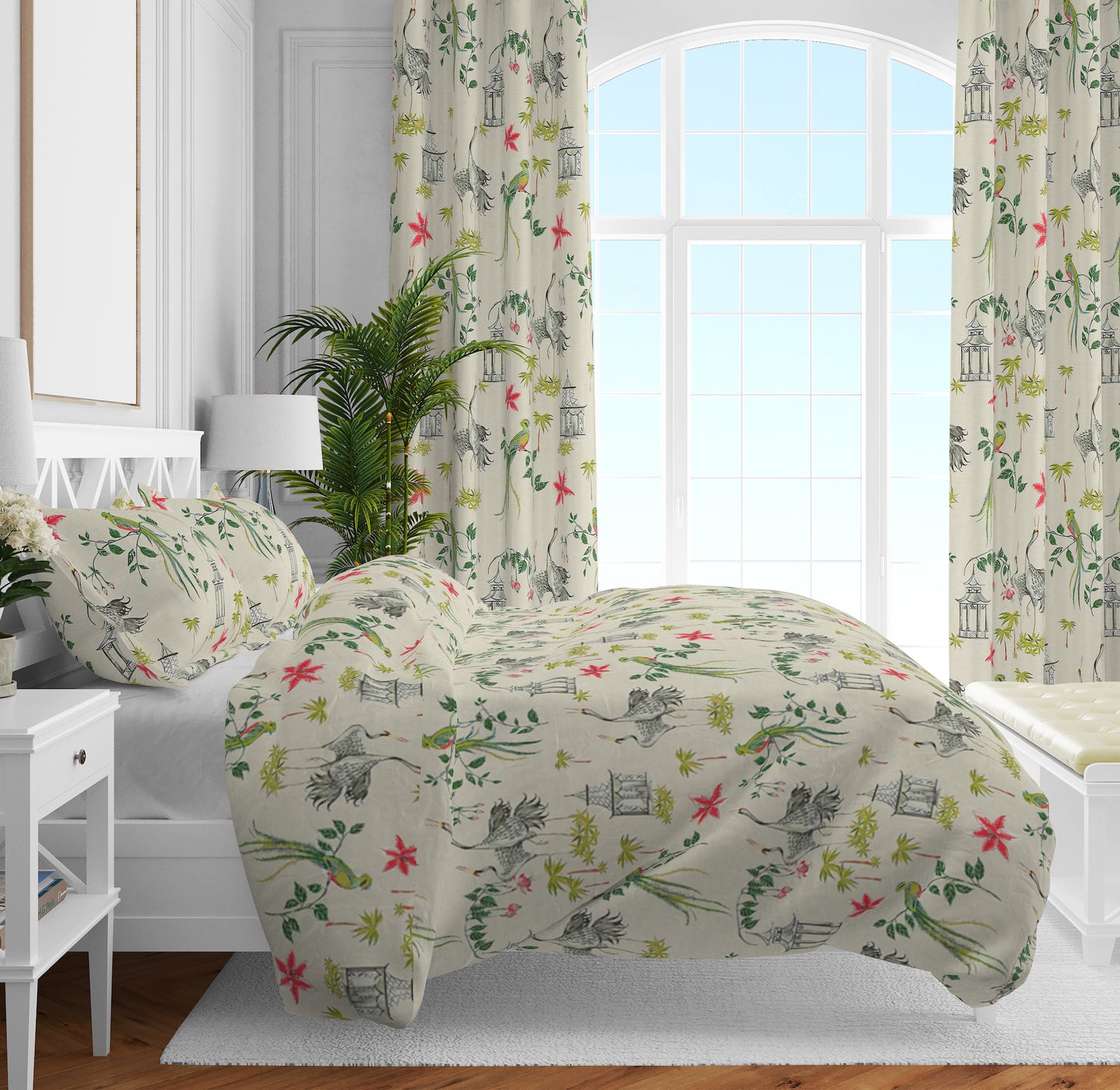 Duvet Cover in Let It Crane Avocado Oriental Toile, Multicolor Chinoiserie