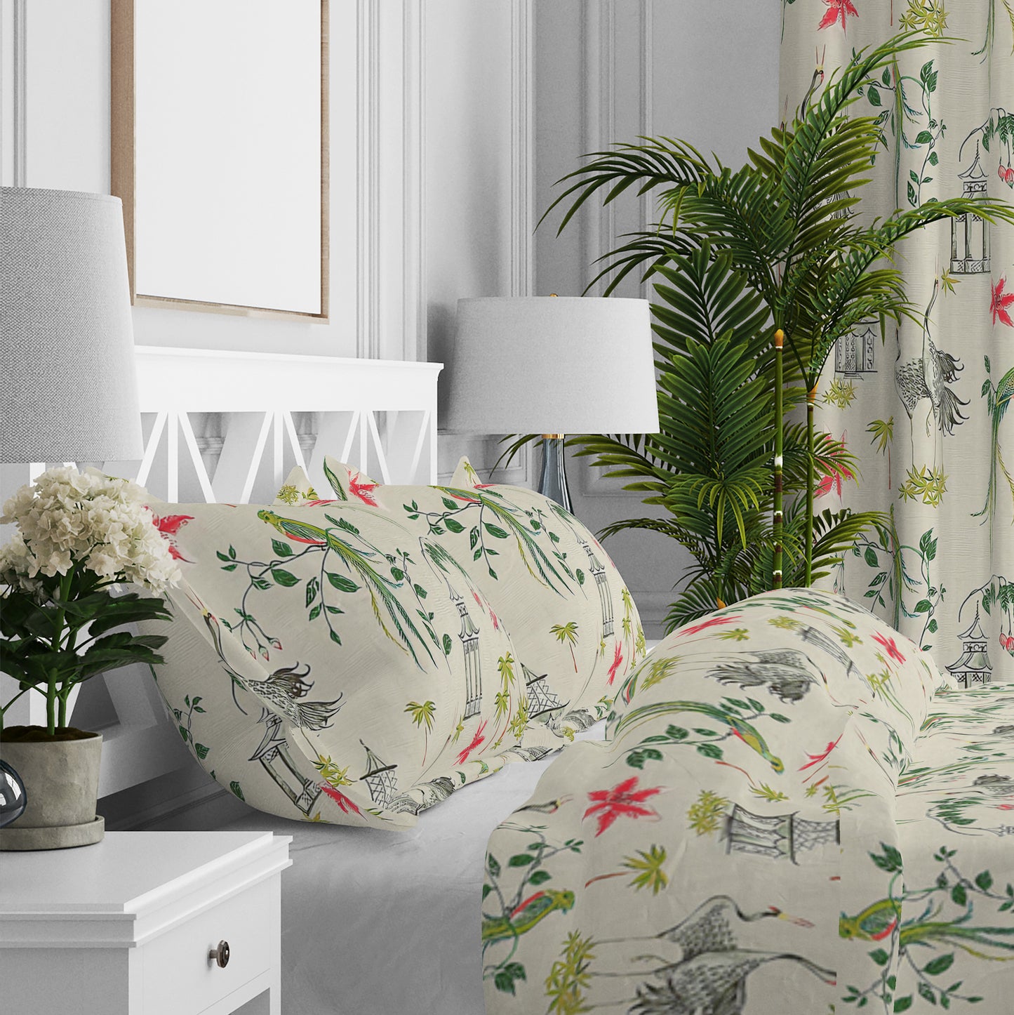 Pillow Sham in Let It Crane Avocado Oriental Toile, Multicolor Chinoiserie