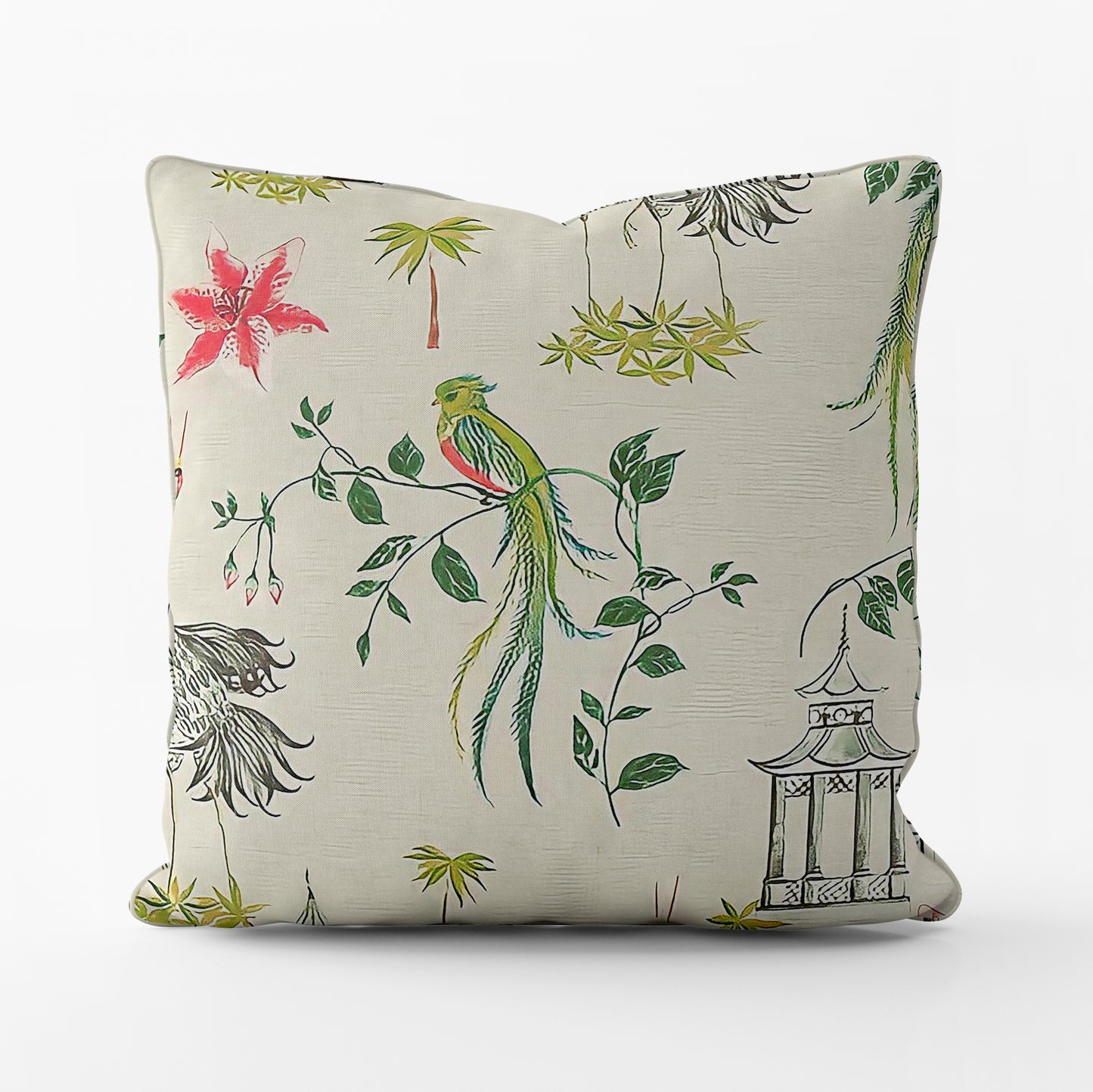 Decorative Pillows in Let It Crane Avocado Oriental Toile, Multicolor Chinoiserie