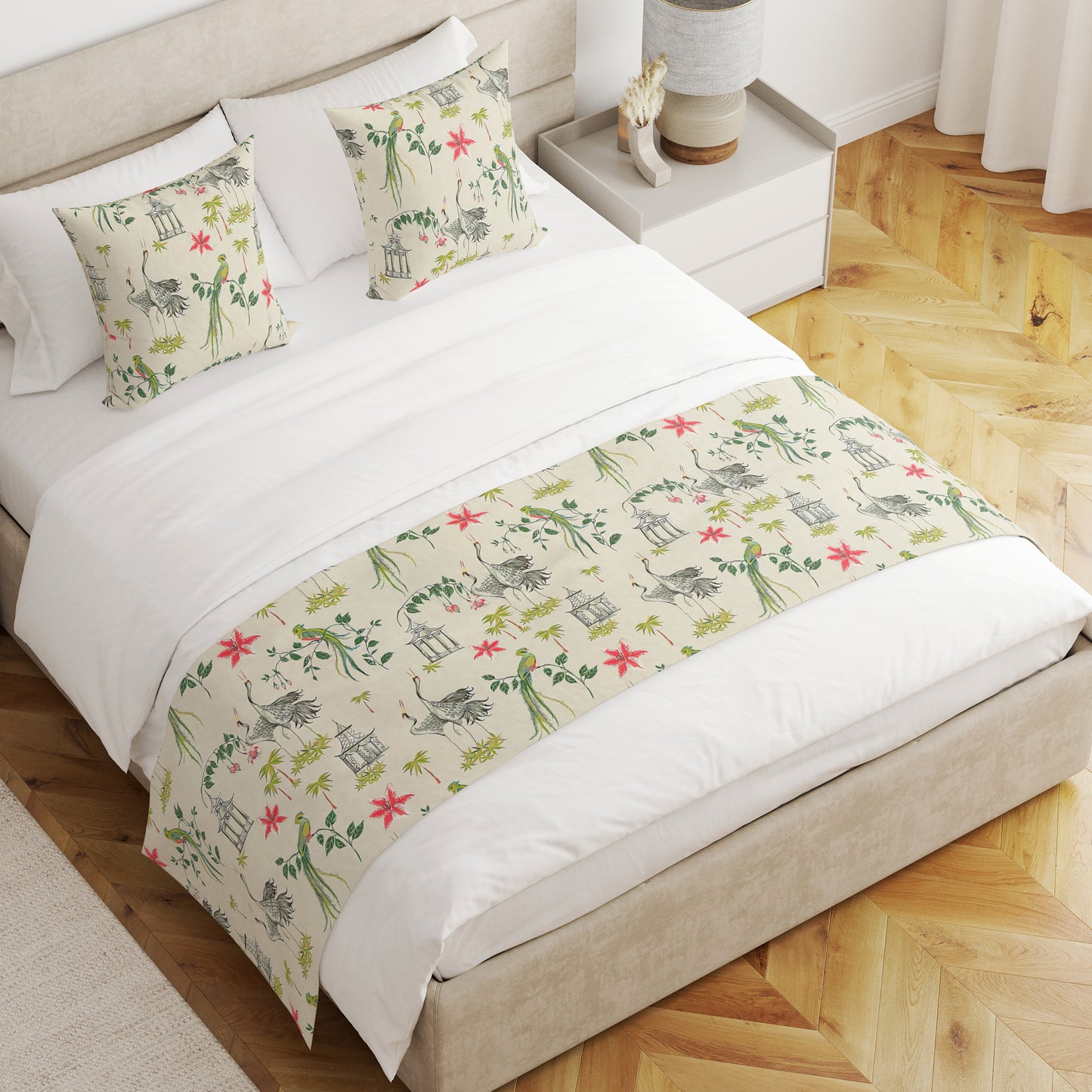 Bed Runner in Let It Crane Avocado Oriental Toile, Multicolor Chinoiserie