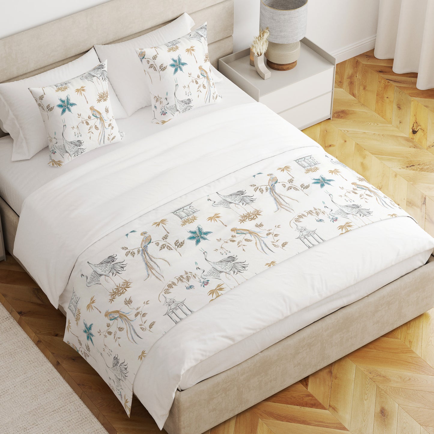 Bed Scarf in Let It Crane Aegean Blue Oriental Toile, Multicolor Chinoiserie