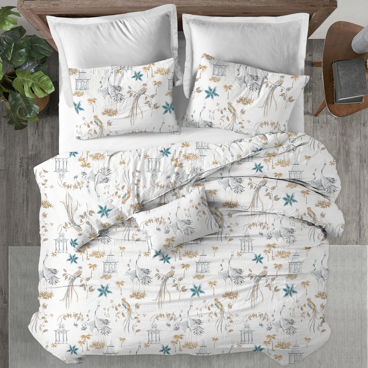 Duvet Cover in Let It Crane Aegean Blue Oriental Toile, Multicolor Chinoiserie