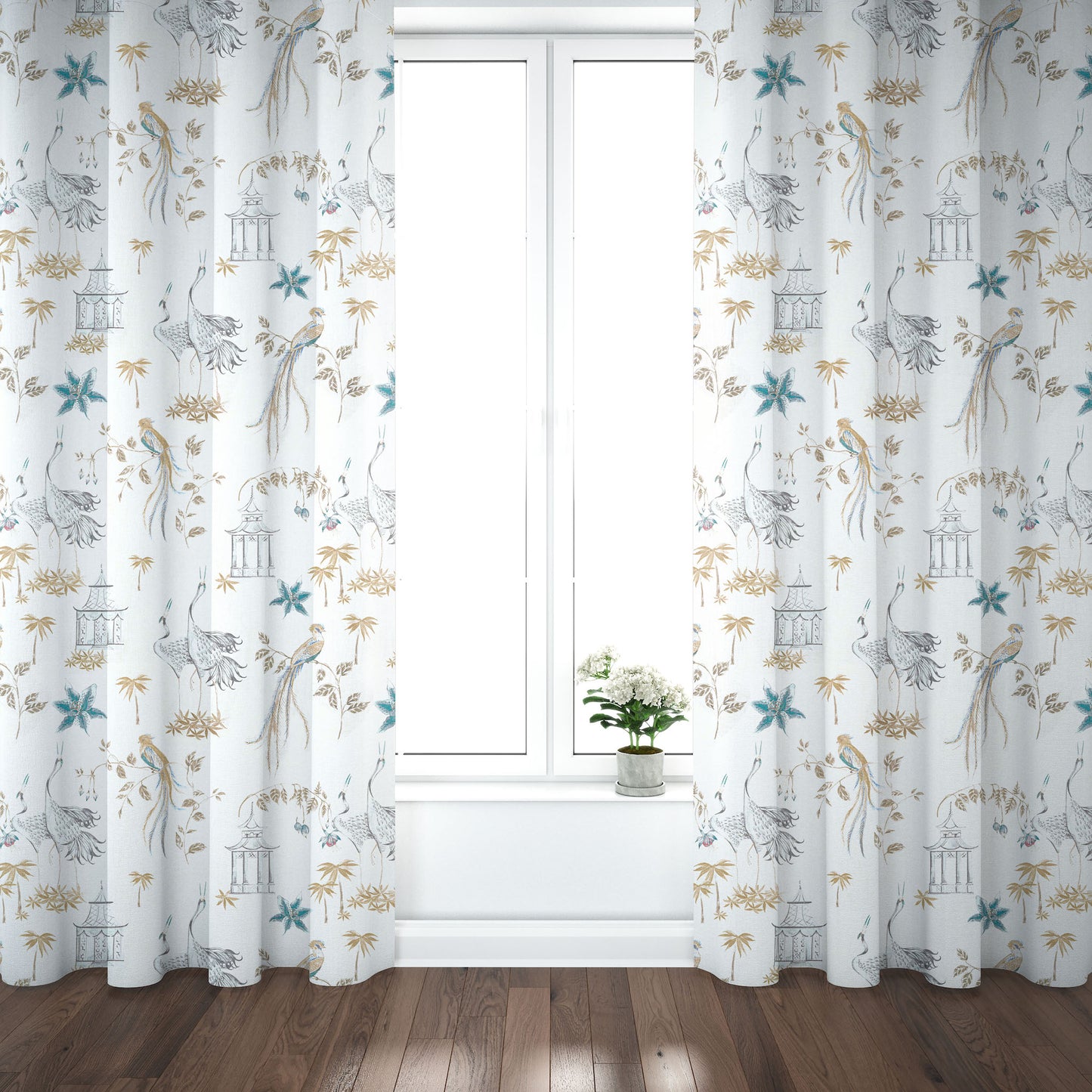 Pinch Pleated Curtain Panels Pair in Let It Crane Aegean Blue Oriental Toile, Multicolor Chinoiserie
