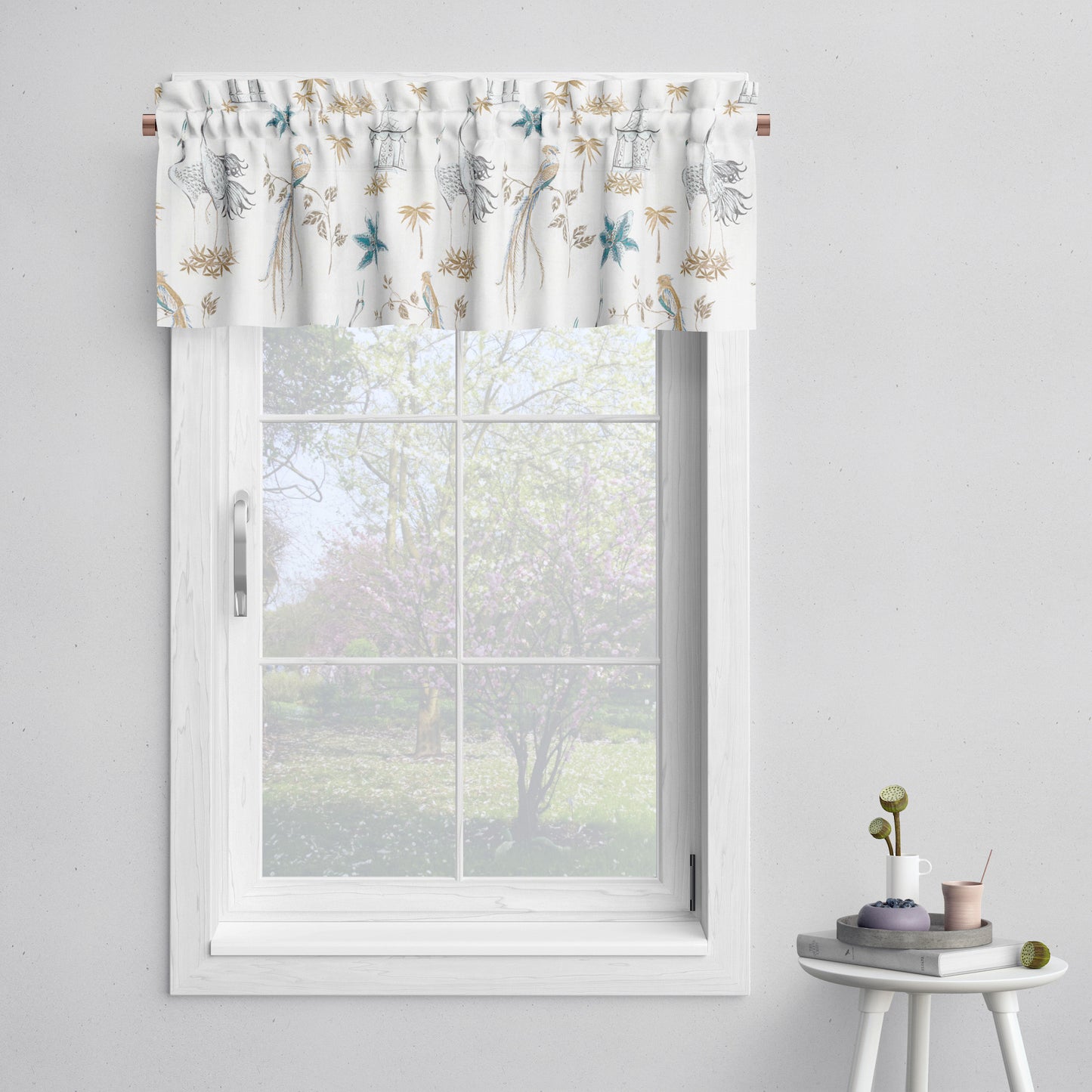 Tailored Valance in Let It Crane Aegean Blue Oriental Toile, Multicolor Chinoiserie