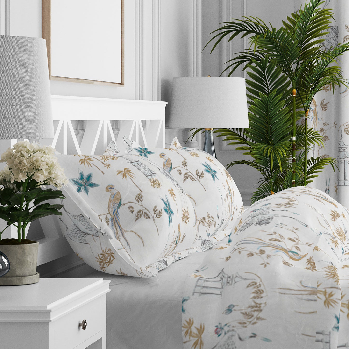 Pillow Sham in Let It Crane Aegean Blue Oriental Toile, Multicolor Chinoiserie