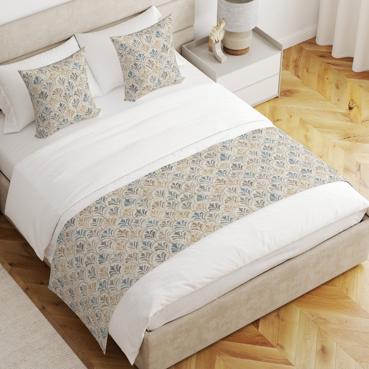 Bed Runner in Countess Harbor Blue Scallop Watercolor